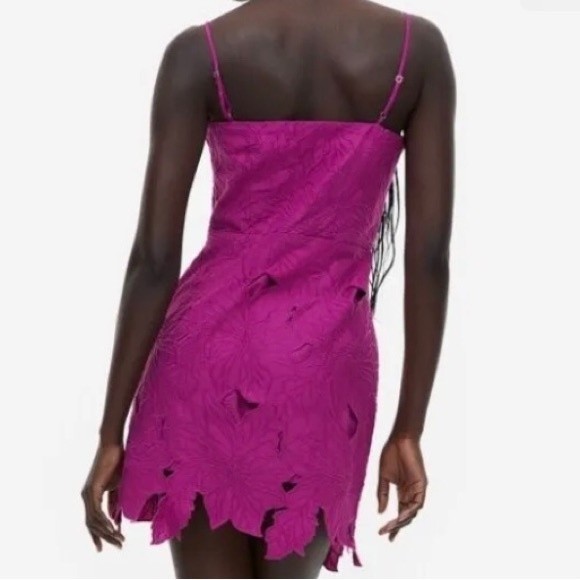 H & M  Mini Dress T-Straps Fushia Fitted Zipper Cut Out/Layered Lined Size S NWT - Picture 2 of 10